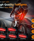 Cyclist riding with Ultra Bright Bike Headlight And Taillight Set With 6 LEDs 12000 Lumens 8000mAh Rechargeable Battery Daytime Running Mode 10 Plus Modes Runtime Up To 72 Hours Waterproof MTB Off Road Night Riding Light, rear light visible, features list in view
