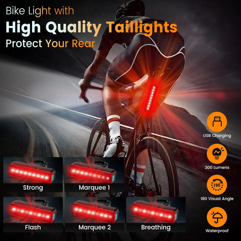 Cyclist riding with Ultra Bright Bike Headlight And Taillight Set With 6 LEDs 12000 Lumens 8000mAh Rechargeable Battery Daytime Running Mode 10 Plus Modes Runtime Up To 72 Hours Waterproof MTB Off Road Night Riding Light, rear light visible, features list in view