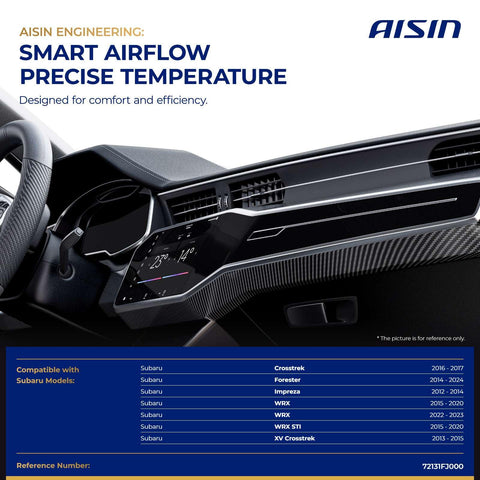 Dashboard view with text listing Subaru compatible models for HVAC Air Door Actuator For Subaru Forester 14-24 Crosstrek.