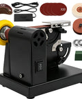 SporGain Mini Belt Sander With 7 Adjustable Speeds And Dual Worktables, compact 4-in-1 tool with assorted sanding discs and accessories.
