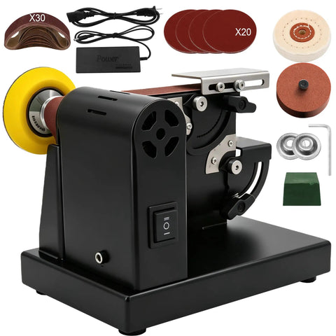 SporGain Mini Belt Sander With 7 Adjustable Speeds And Dual Worktables, compact 4-in-1 tool with assorted sanding discs and accessories.