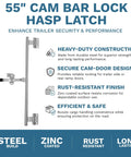 55-Inch Cam Bar Door Lock For Enclosed Trailers And RVs with zinc-plated steel and secure latch, shown with features listed.