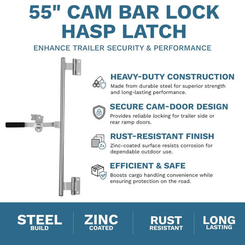 55-Inch Cam Bar Door Lock For Enclosed Trailers And RVs with zinc-plated steel and secure latch, shown with features listed.