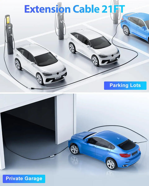 Heavy Duty J1772 Extension Cable 40Ft 50A Electric Vehicle Charging Cord in parking lot and private garage, showing versatile use.
