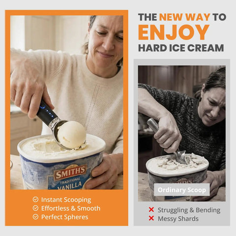 Heated Ice Cream Scoop With Three Heat Settings And 2600mAh Rechargeable Battery for effortless scooping by woman