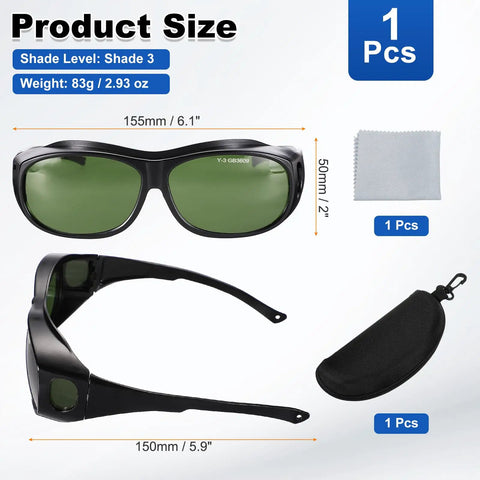 Kickbutt Welding Safety Glasses With IR Shade 3 Light Proof Lenses Heat Resistant Polycarbonate Build showing size and accessories.