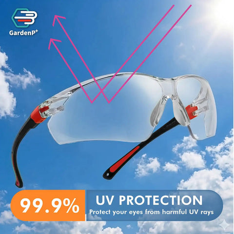 Kick Ass UV Safety Glasses With Wraparound Lens For Work And Sports Ansi Z87.1 Rated clear lens with red black adjustable temples in outdoor setting.