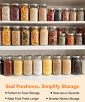 Pantry jars sealed with Electric Mason Jar Vacuum Sealer Kit 2026 Upgraded Cordless One Handed Jar Sealer on shelves.