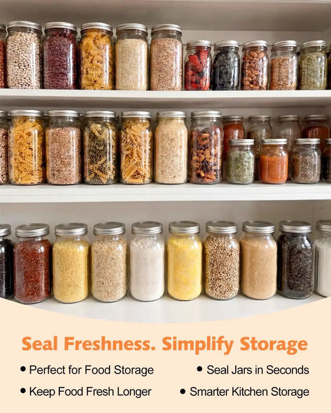 Pantry jars sealed with Electric Mason Jar Vacuum Sealer Kit 2026 Upgraded Cordless One Handed Jar Sealer on shelves.