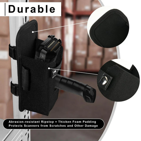 Rugged Barcode Scanner Holster With Ballistic Nylon Carrying Case For MC3300 Ultra Rugged Mobile Touch Computer Handheld Scanner Holder With Fastener Straps To Attach To Forklift Drop Safe Warehouse Ready shown attached to a shelf.