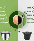 Comparison of stainless steel and plastic capsules with text highlighting crema, mellow, material, durability, and eco-friendly benefits.