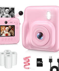 Dual-Lens Instant Print Mini Camera For Kids, 48MP Front And Rear Cameras, Selfie Ready, 1-Second Black And White Print, 32GB Card Included, Pink Portable Photo Printer Toy For Festivals And Travel, front view with paper rolls