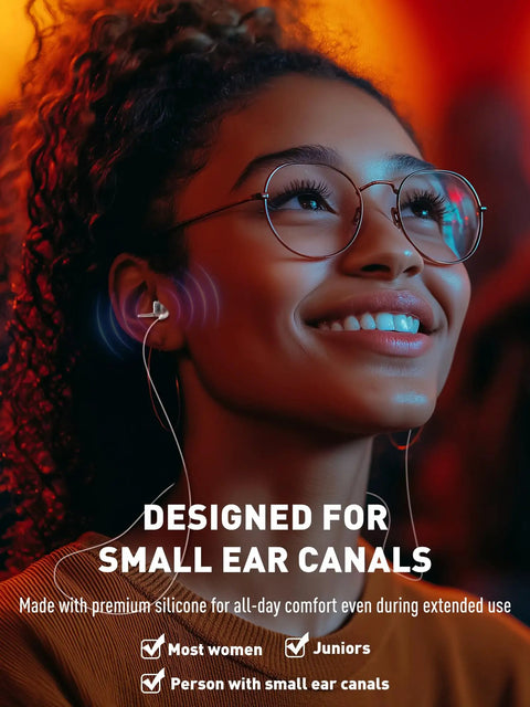 Person wearing Two Pairs High Fidelity Concert Ear Plugs Reusable Noise Reduction For Musicians And Showgoers Soft Hearing Protection Petite Size Keeps Crystal Clear Sound And Balanced At Events