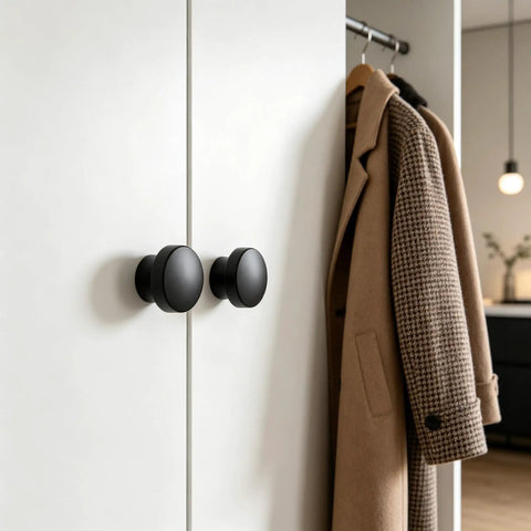 Knockout Matte Black Bifold Closet Door Knobs Featuring Round Cabinet Pulls Durable Aluminum Alloy Build complete set on wardrobe.