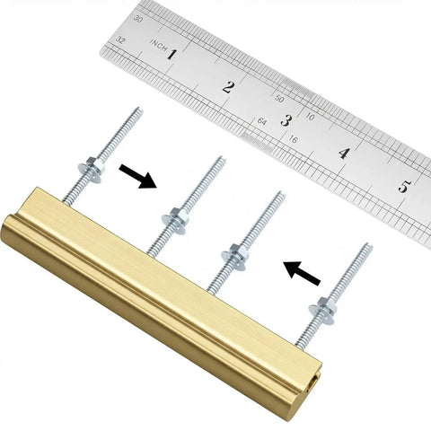 25 Pack Adjustable Cabinet Handles Gold Brass Drawer Pulls Center To Center Adjustable 1 To 4 Inches shown with ruler and screws