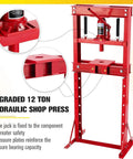 Heavy Duty 12 Ton H Frame Hydraulic Shop Press With Adjustable Table And Movable Plates For Auto Repair Bearing Removal Metal Stamping Garage Bad Boy Built Legit To Crush Heavy Loads, featuring bottle jack for safety.