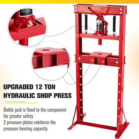 Heavy Duty 12 Ton H Frame Hydraulic Shop Press With Adjustable Table And Movable Plates For Auto Repair Bearing Removal Metal Stamping Garage Bad Boy Built Legit To Crush Heavy Loads, featuring bottle jack for safety.