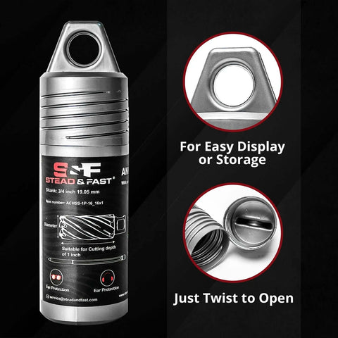 S&F Stead & Fast annular cutter set, 2-pc, 5/8 in diameter by 1 in depth, in twist-to-open storage bottle