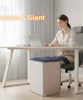 Quiet 195W Under Desk Foot Warmer with Heating Pad under desk in office setting with woman working on laptop