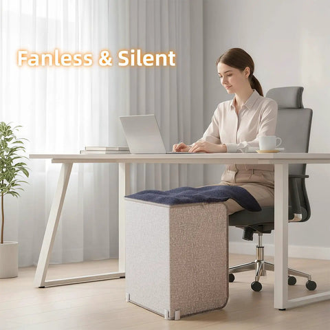 Quiet 195W Under Desk Foot Warmer with Heating Pad under desk in office setting with woman working on laptop