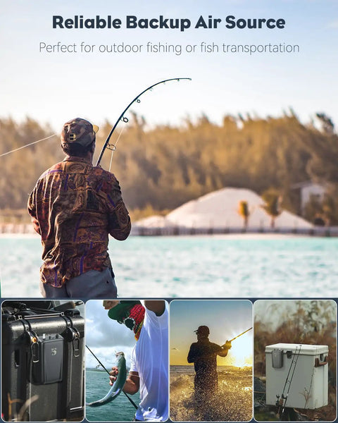 Collage of fishing scenes featuring Outdoor Live Bait Aerator 40 GPH Battery Powered Air Pump For 30 Gallon Bait Bucket Portable Oxygen Pump