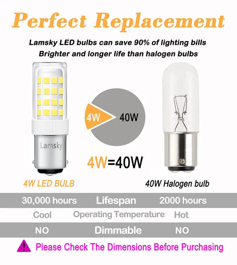 LED Dope Sewing Machine Light Bulb BA15D Bayonet Base 110 130V T3 T4 C7 S6 4W Daylight 6000K Replaces 40W Halogen No Dimmer 2 Pack Energy Saving Low Heat Bright White shown beside 40W halogen