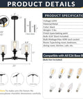 Industrial Glass Cylinder Pendant Chandelier in Black, 6 Light Farmhouse Vibe product details and specifications diagram