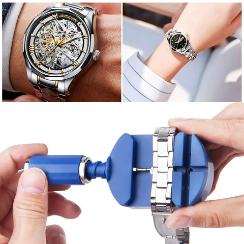 Pro Grade Watch Band Link Removal Tool Kit With 12 Replacement Pins And 3 Pin Punches And 1 Head Hammer For Easy Watch Bracelet Adjustment And Reliable Watch Repair On The Go