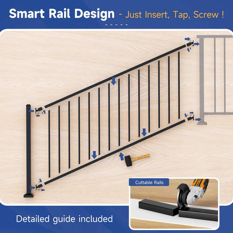 Modular Adjustable Aluminum Stair Railing Kit For Outdoor Deck Or Porch, Cuttable Length, Easy DIY Install, Fits 28 To 45 Degree Stairs, Full Textured Matte Black Finish, Includes 1 Post And 1 Panel