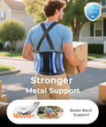 Man wearing Breathable Work Back Brace With Removable Suspenders, lifting box outside, showing medical grade lower back support