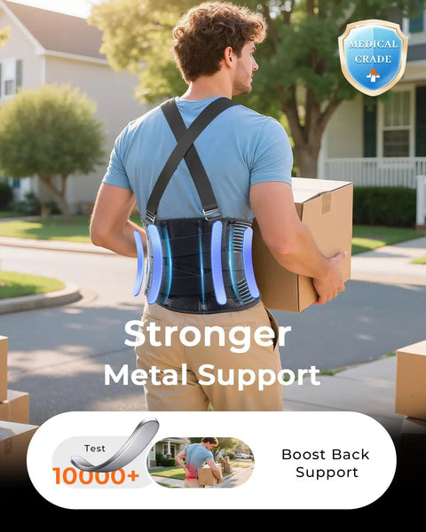 Man wearing Breathable Work Back Brace With Removable Suspenders, lifting box outside, showing medical grade lower back support