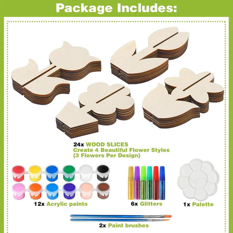Unfinished Wood Flower Painting Kit With 12 3D Tulip Blooms, DIY Spring Craft Set includes wood slices, paints, and tools.