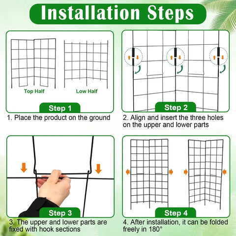 Installation steps for Foldable Two Panel Garden Trellis for Climbing Plants, showing setup process and folding mechanism.