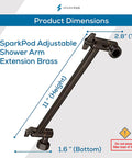 Heavy Duty Solid Brass 11 Inch Shower Arm Extension For Rain Showerheads, oil rubbed bronze finish with dimensions displayed