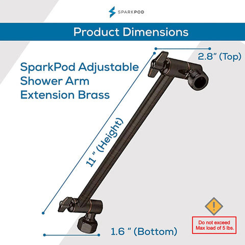 Heavy Duty Solid Brass 11 Inch Shower Arm Extension For Rain Showerheads, oil rubbed bronze finish with dimensions displayed