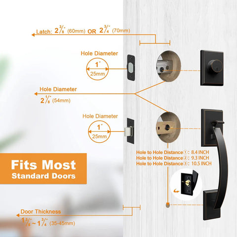 Diagram showing installation details of Oil Rubbed Bronze Double Door Handle Set With Dummy And Single Cylinder Deadbolt on door.