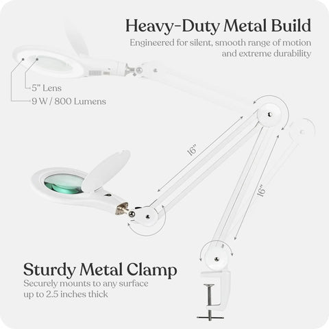 Illustration of Desk Magnifier Lamp 2.25x With LED Light for Reading, Crafts and Close Detail Work So You Can Zoom In Like A Boss, showing metal build and clamp.