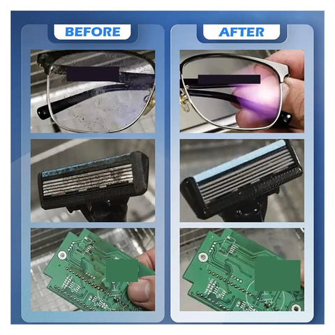 Before and after cleaning results using 1.3L Ultrasonic Cleaner Machine With Digital Heating And Timer For Jewelry Parts Degreasing.