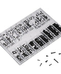 Top Notch Black Micro Watch Screw Set Solid Stainless Steel Precision Threads With 18 Sized Variations And Double Pack Assortment Kit showing assorted black screws in clear organizer.
