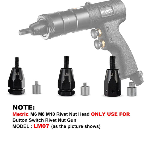 Self Locking Rivet Nut Gun Head Set M6 M8 M10 For LM07 Pneumatic Rivet Nut Gun displayed with model heads