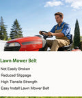 Man on lawn mower with text highlights about aramid cord deck replacement lawn mower belt five eighth inch by one hundred twenty seven inch for Scag 484100 and Husqvarna 52 inch deck models fits SMVR 48V 52V SVR 691FX 730FX yard tractors tough as nails yard work ready.