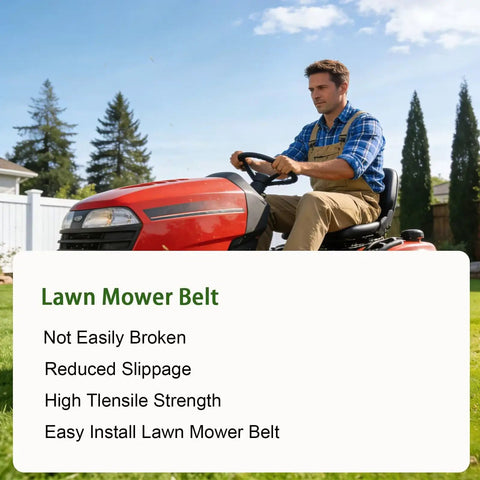 Man on lawn mower with text highlights about aramid cord deck replacement lawn mower belt five eighth inch by one hundred twenty seven inch for Scag 484100 and Husqvarna 52 inch deck models fits SMVR 48V 52V SVR 691FX 730FX yard tractors tough as nails yard work ready.