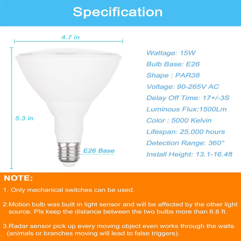 Radar Motion Sensor LED Flood Bulb Outdoor Use 15W 5000K Daylight PAR38 E26 Base 1500LM Dusk To Dawn 100W Equivalent 360 Degree Motion Detection Wide Coverage 2 Pack; spec view with dimensions