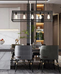 Farmhouse Black 5 Light Kitchen Island Pendant Light Set, Dope Modern Linear Cage Ceiling Fixture over dining table