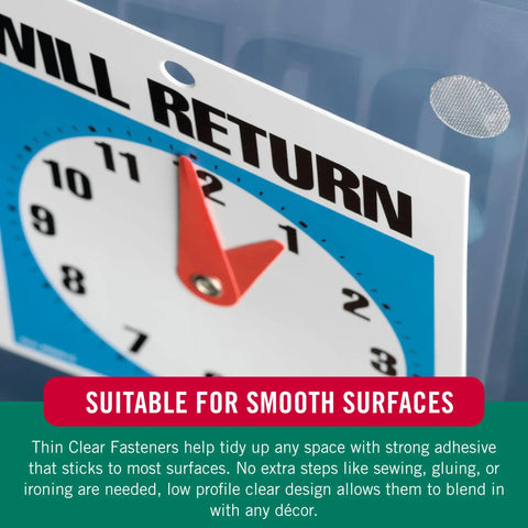 Thin Clear Fasteners, Low Profile 3/8 Inch Circles, 56 Count, Ideal For Home Or Office Organization shown holding a sign