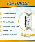 All In One 4x4 Metal Outlet Box Kit With Two Tamper Resistant 20 Amp Duplex Receptacles, features list and outlet illustration.