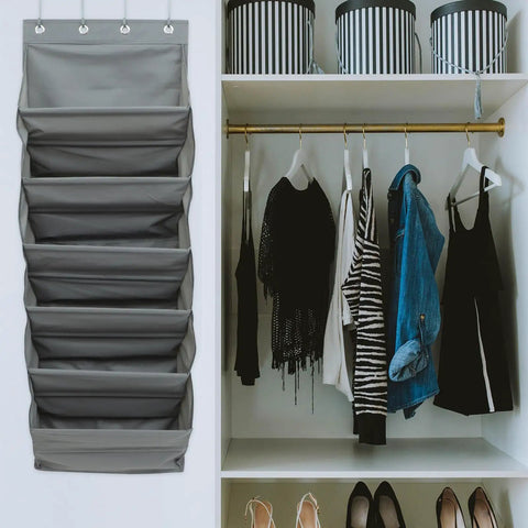 Straight Up Game Changer Over The Door Shoe Rack With Six Roomy Pockets To Keep Your Entryway Sleek features a gray weatherproof fabric.