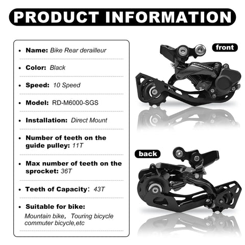 10 Speed Rear Derailleur Direct Mount With SGS Long Cage For Mountain Bikes RD M6000 SGS, front and back view specifications