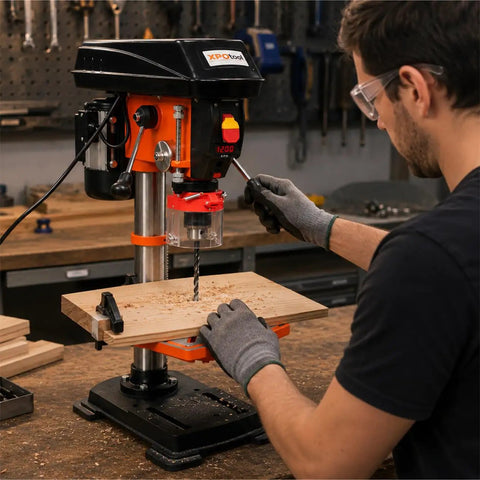 12 Inch Benchtop Drill Press With Laser Positioning And Digital Meter Variable Speed 0-45 Degree Tilting Table Compact Tabletop Drilling Machine in workshop