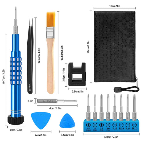 One Handed Precision Screwdriver Set With 360 Degree Rotating Handle S2 Steel Magnetic Bits For Glasses Watches And Laptop Repair Includes Oxford Pouch Magnetizer Tweezers And Pry Tools with size dimensions